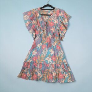 Boho Floral Midi Dress Womens S Turquoise Coral Ruffle Sleeve Tie Neck Tiered